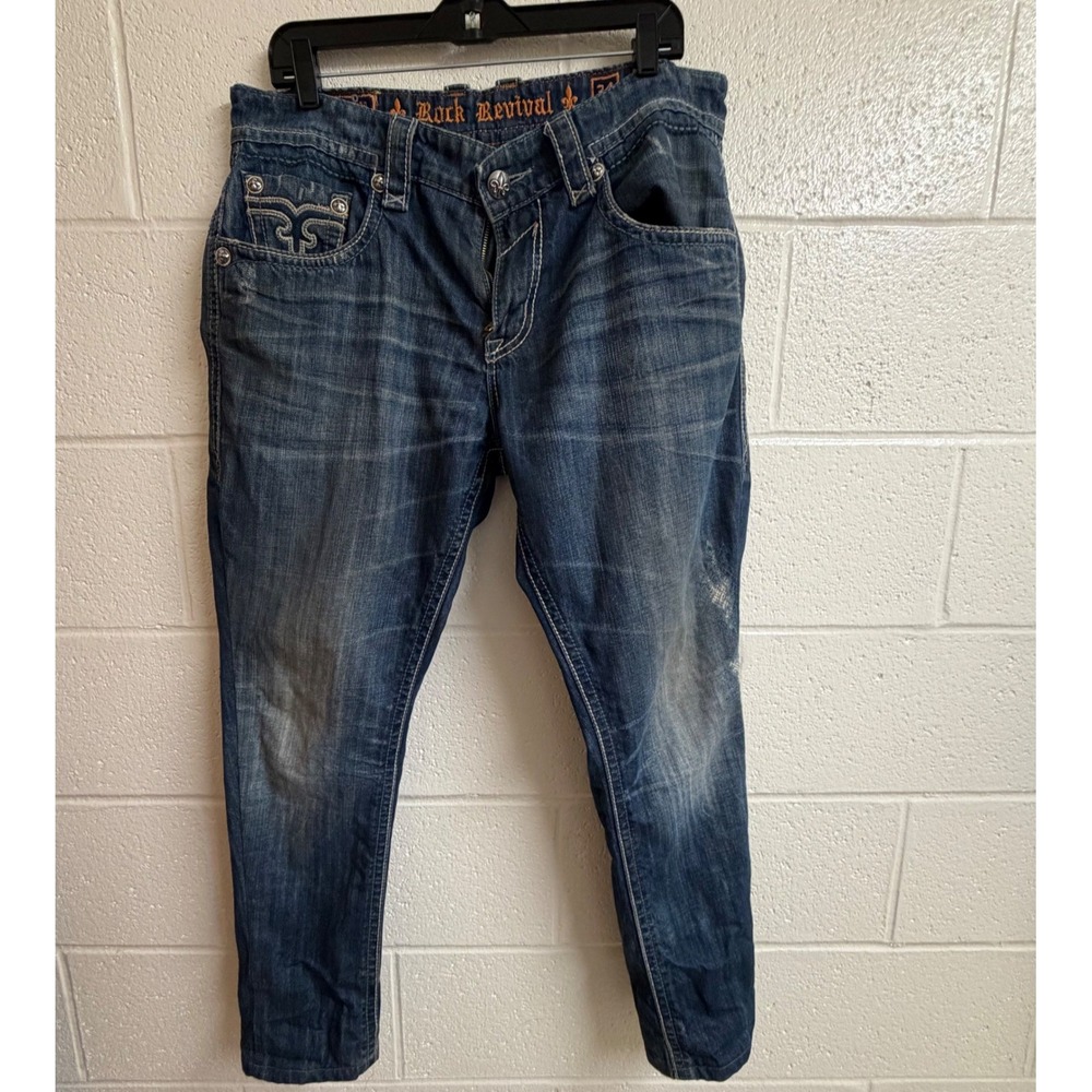 Rock Revival Mens Wesley Straight Jeans 34 Dark Wash Heavy Stitch Y2K McBling